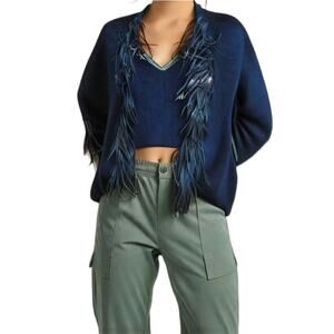 Chicos Black Knit Fringe Leather Cardigan Jacket Womens Small